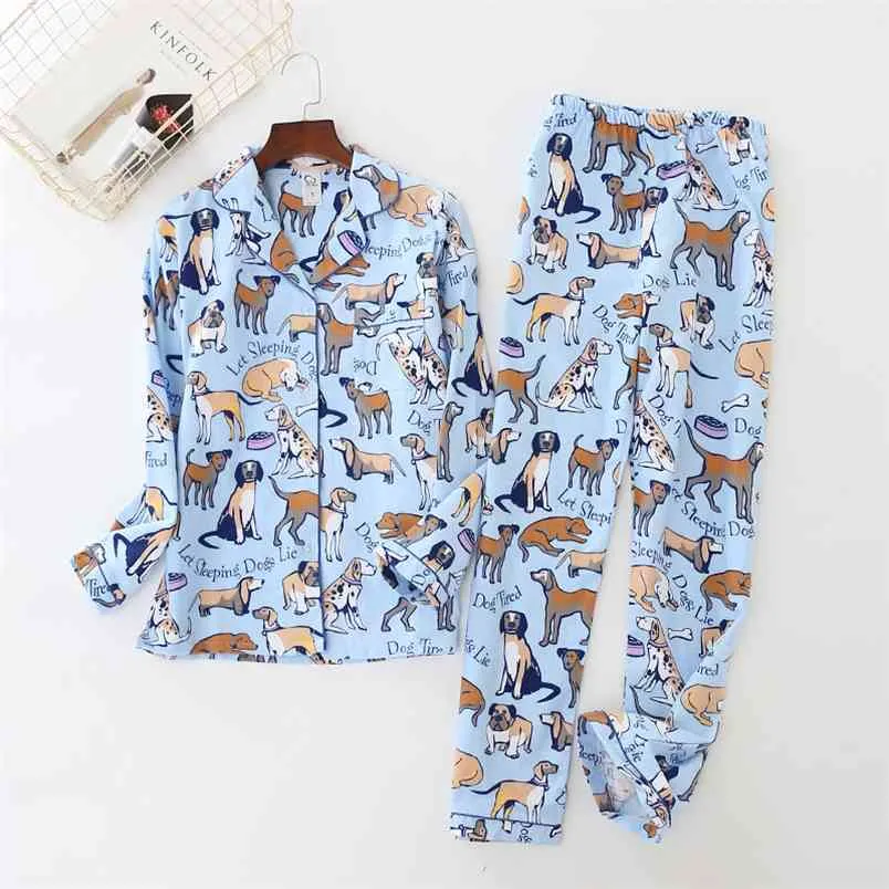 Mulheres homens pijamas cão impressão escovado algodão pijama 2 peças conjunto de manga longa elástica cintura calças lounge noite pijama s80001 210901