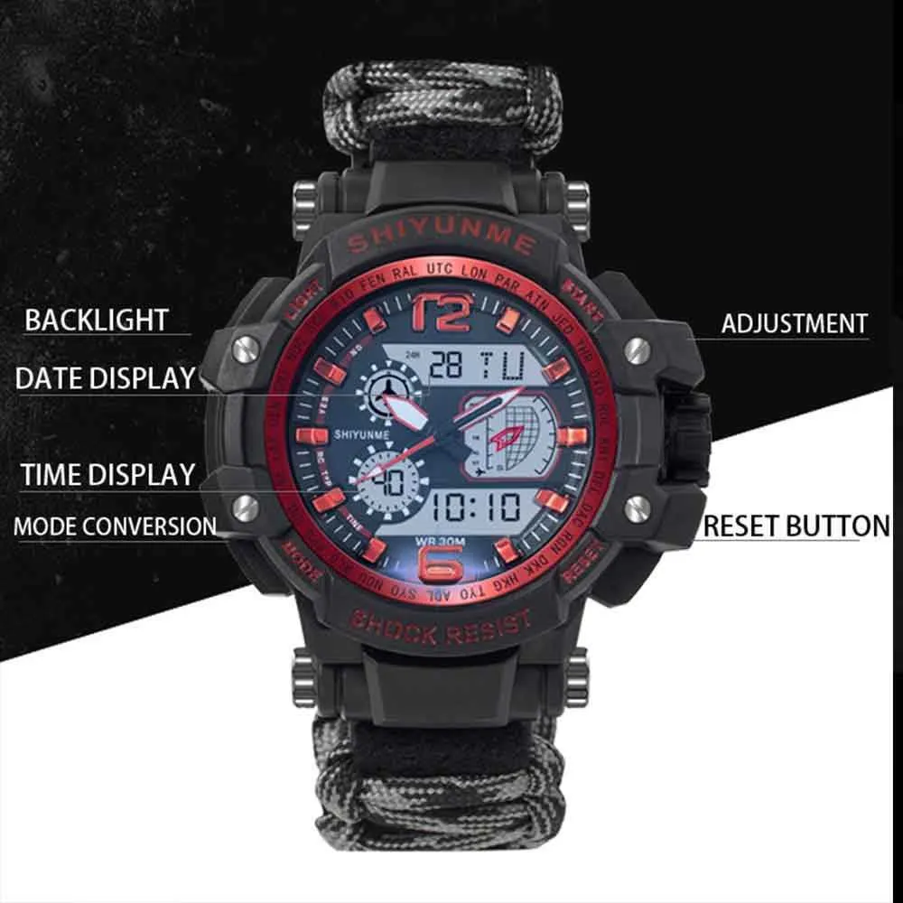 SHIYUNME Men Military Sports LED Digital Watches Outdoor Survival Waterproof Compass Dual Display Multifunctional Men's watch G1022