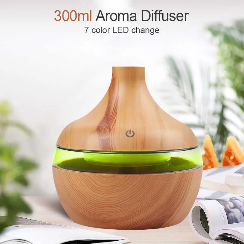 Luftfuktare hushålls essentiell arom olja diffusor ultraljud trä korn USB mini dimma tillverkare med intelligent pekskärm 210724