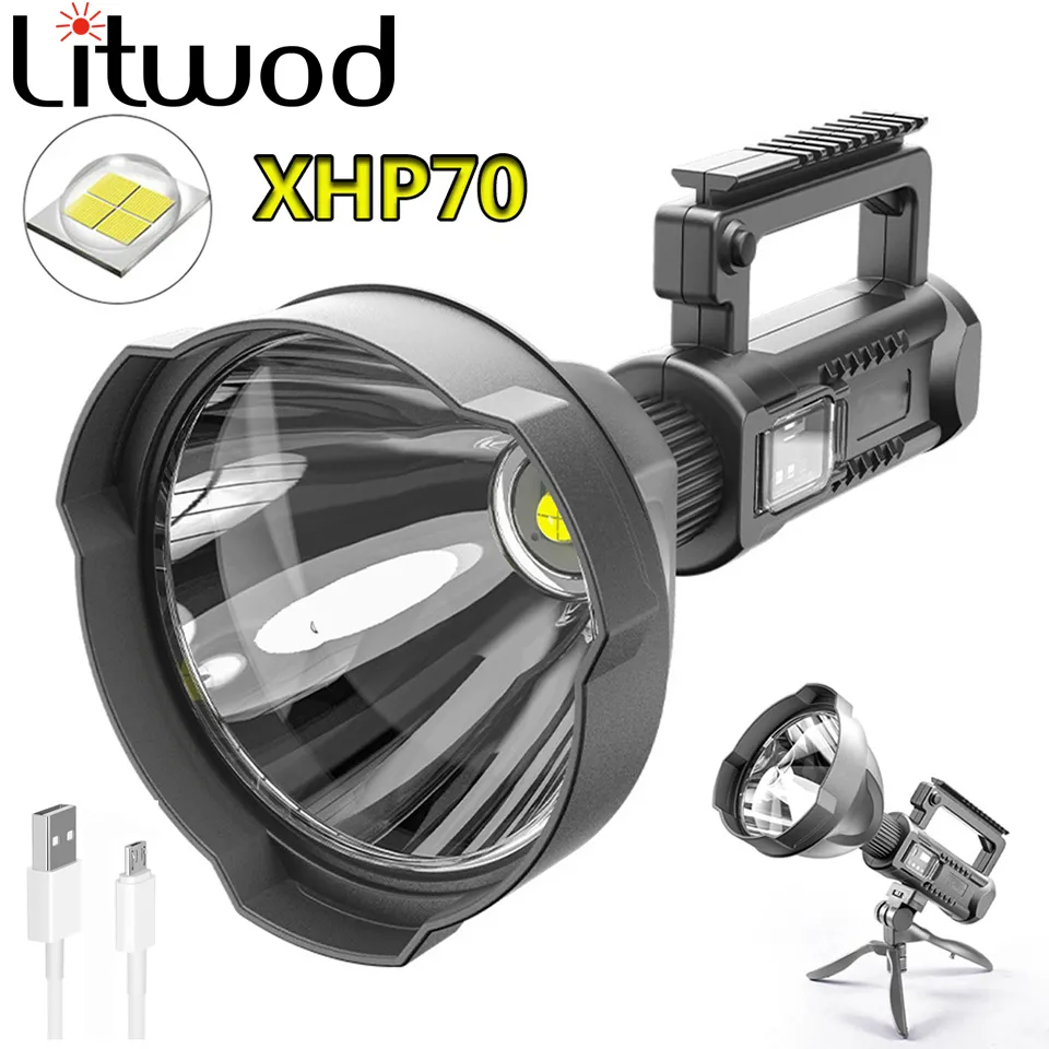 200000LM SUPER BRIGHT LED Uppladdningsbar XHP70.2 Big Head Searchlight Handheld Flashlight Work Light Spotlight Floodling 40W Torch