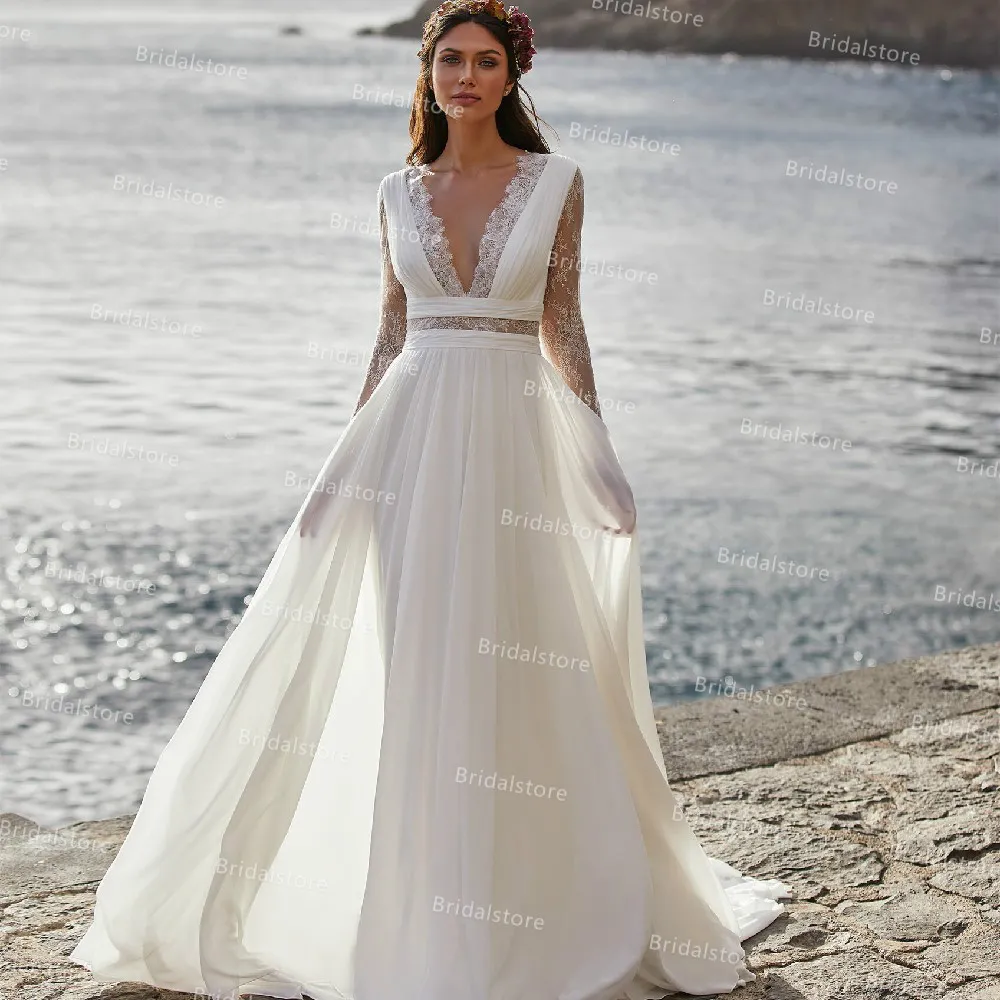 chinese dress ladies A Line Lace V Neck Long Sleeves Rustic Wedding Dress PW322 main image 0
