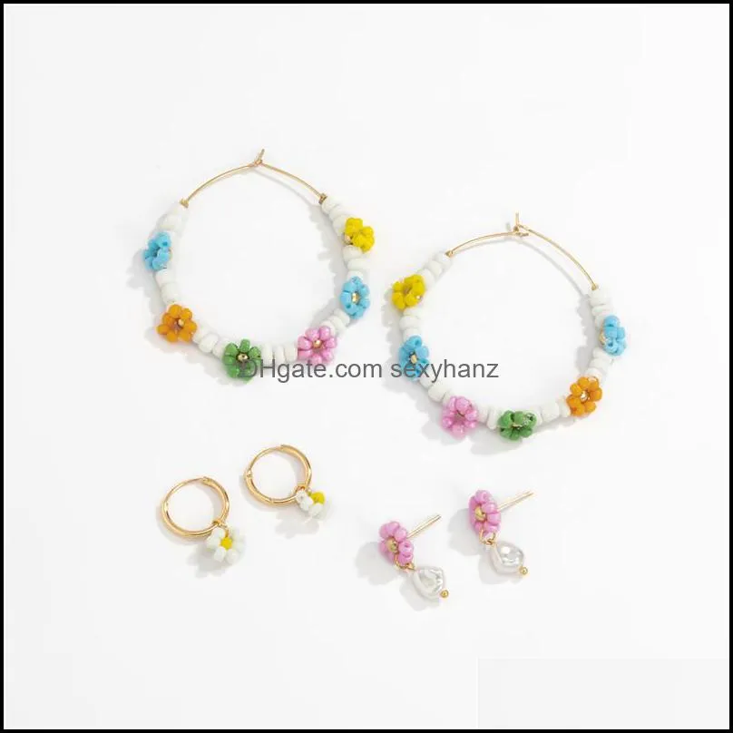 European Colorful Daisy Flower Beaded Earrings Hoop Geometric Imitation Pearl Ear Buckle Women Copper Gold Ethnic Style Stud Earring Jewelry Sets