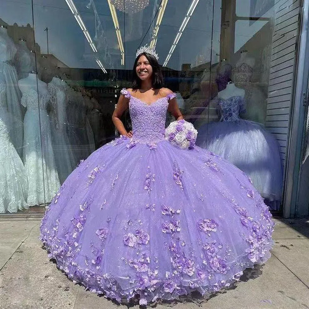 Robes de Quinceanera violettes à paillettes, bretelles Spaghetti avec enveloppe, douces 15 robes, perles de fleurs 3D, robes de bal de 16 ans, 2022, 2356