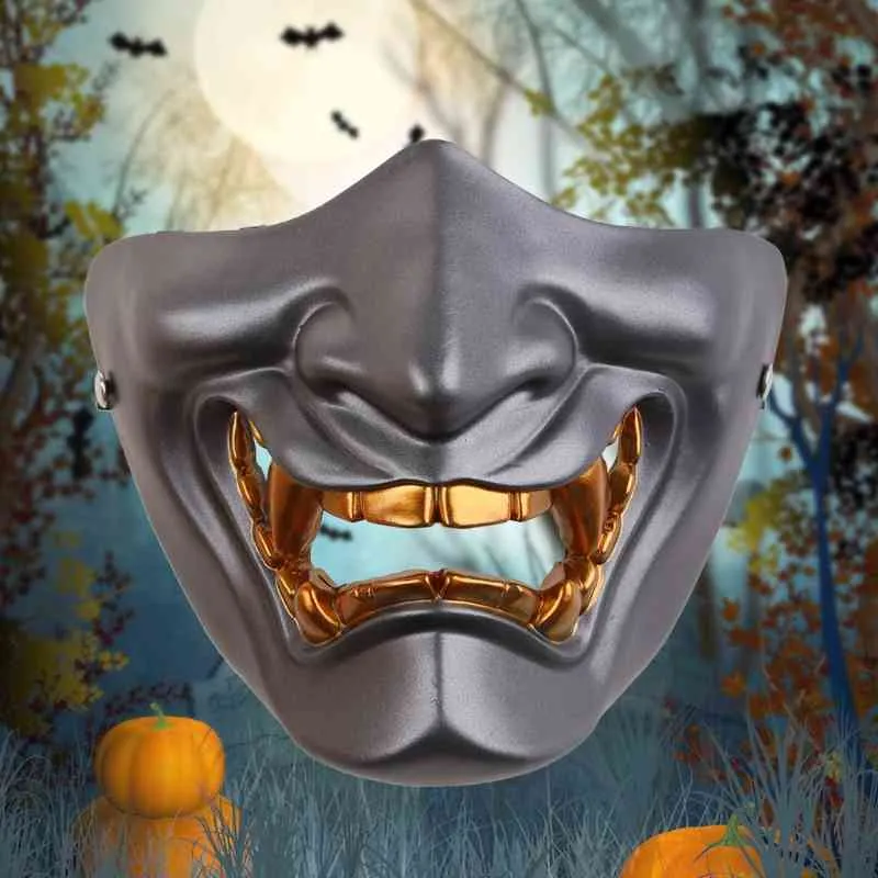 Halloween Japanese Anime Half Face Mask Latex Cosplay Kabuki Samurai Devil  Props