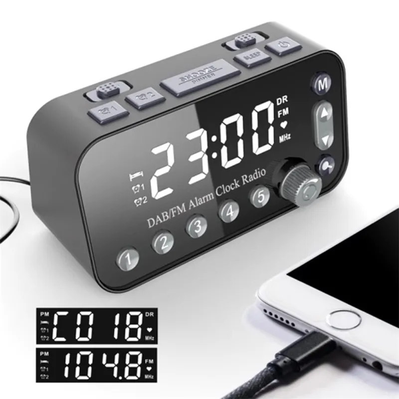 Radio FM numérique DAB, double port de charge USB, écran LCD, rétroéclairage, volume réglable, réveil 210310