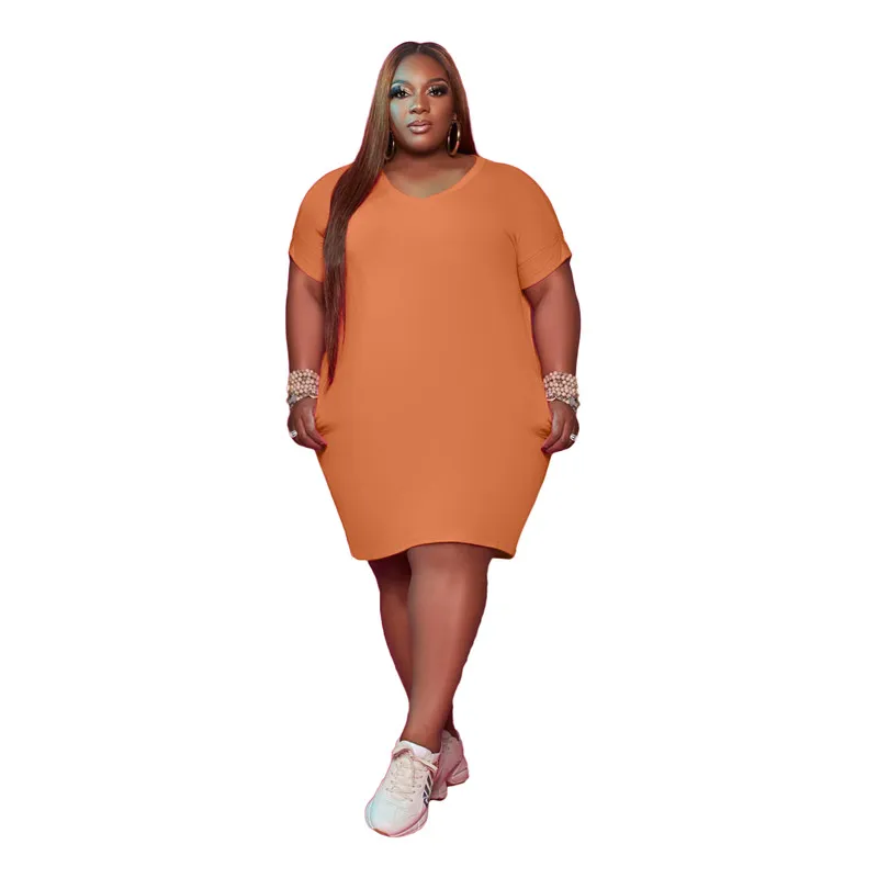 3X 4XL 5XL Women Plus Size Dresses Summer Solid One-piece Dress Short  Sleeve Loose Knee-length Skirts Casual black Midi Skirt bigger sizes  clothing