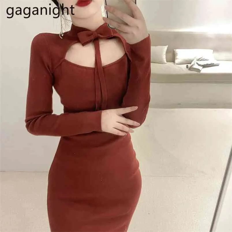 Herfst Verbeterde Cheongsam Side Split Solid Women Jurken Schede Vintage Bow Swashes Red Vestidos Meisjes Mode Sexy 210601