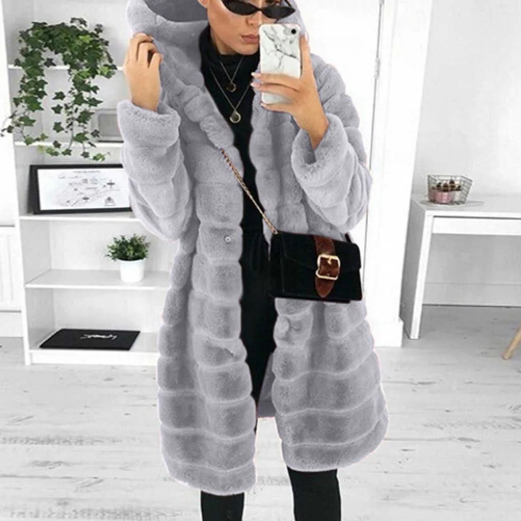 Winter Womens Solid Teddy Coat Warmer Hooded Fur Jacka Långärmad Fleece Lång Ytterkläder Lös plysch ForRure Femme Coat B20 Y0829