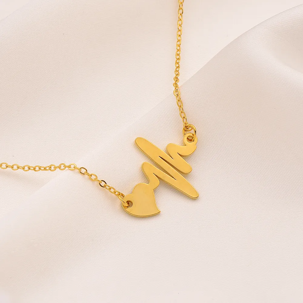 Initial Heartbeat Necklace EKG Cardiogram Rhythm Choker in Fine 9K Yellow Gold