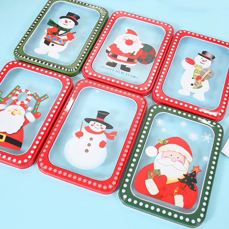 8 Scatole di latta natalizie con motivo carino Confezione regalo Confezione di biscotti per caramelle per bambini Babbo Natale Pupazzo di neve Design Custodia rettangolare in metallo Decorazioni per bomboniere natalizie