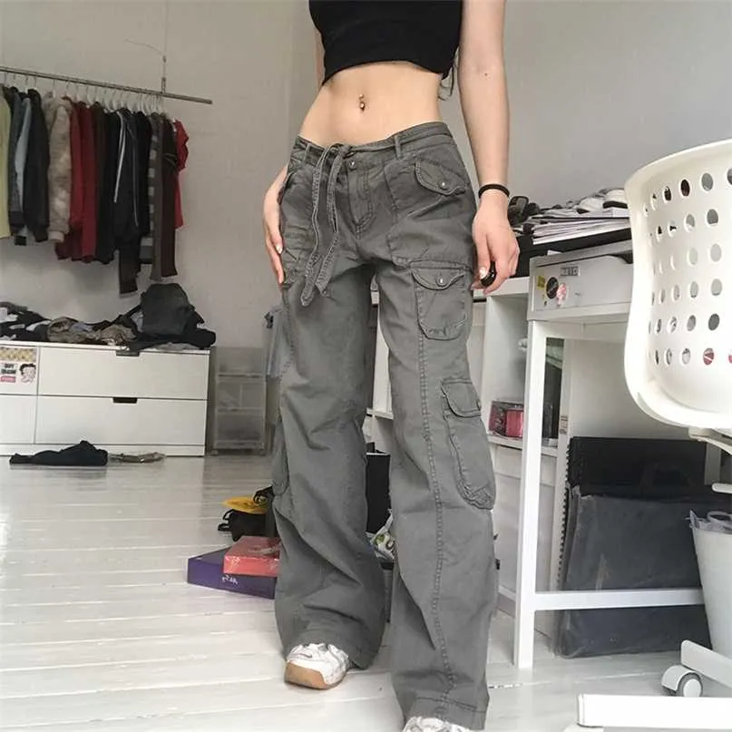 Vintage Streetwear Y2k Baggy Jeans Donna Fasciatura Tasche patchwork a vita alta Pantaloni denim Harajuku Pantaloni dritti coreani Jean 211129