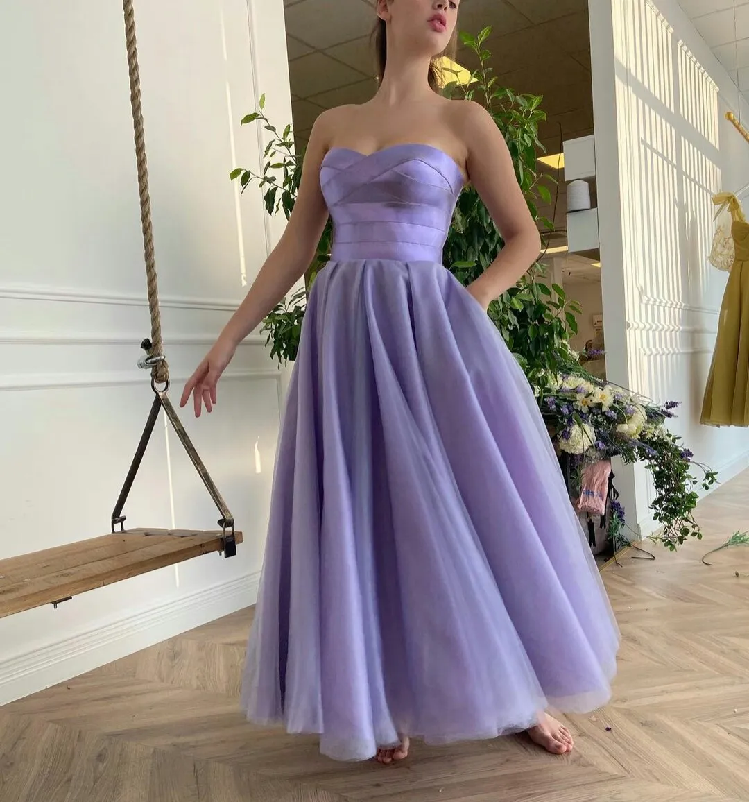 Vestidos de graduaci n de l nea A para chica joven vestidos de noche de longitud de t de sat n con cuello de coraz n morado claro vestidos de novia