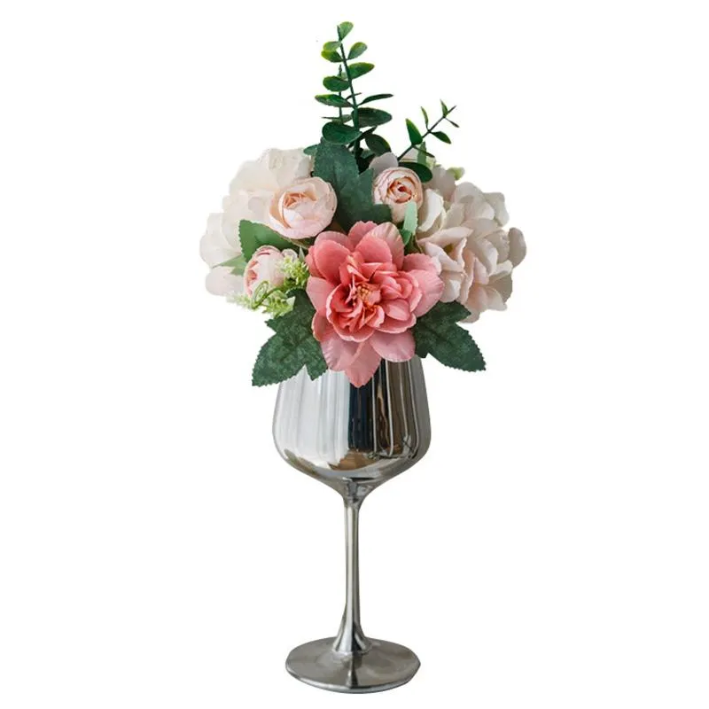 Couronnes de fleurs décoratives artificielles avec vase en verre, bureau de mariage, décoration de maison, fleur en soie, accessoires de Table de haute qualité, salon Dec