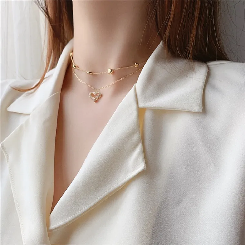 Double Layer Heart Pendant Necklace Choker Shining Bling Zircon Women Clavicle Chain Elegant Charm Wedding Gift Statement Necklaces Jewelry