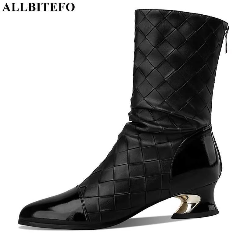 ALLBITEFO high quality natural genuine leather women boots women heels shoes fashion leisure ankle riding boots motocycle boots 210611