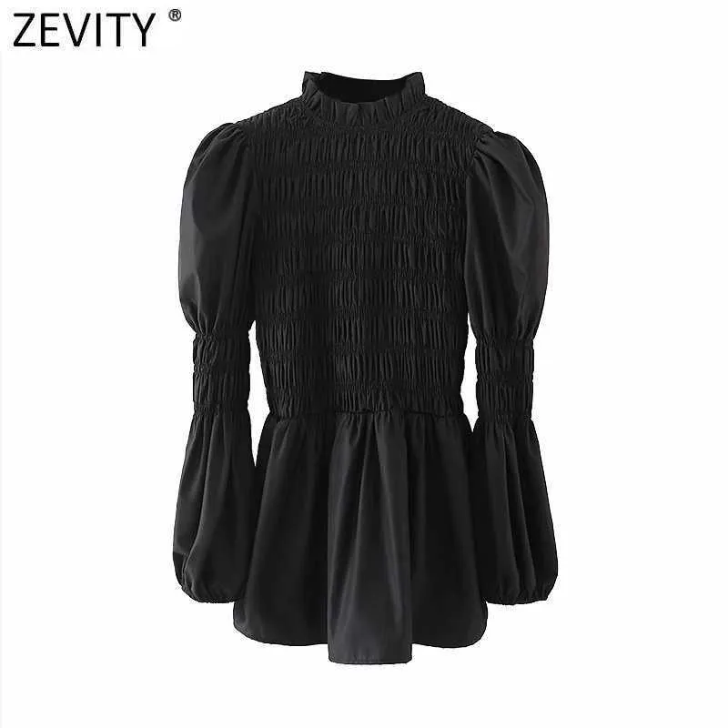 Zevity Femmes Vintage Col Montant Plissée Noir Blouse Blouse Bureau Dames Manches Bouffantes Slim Chemises Chic Blusas Tops LS7516 210603