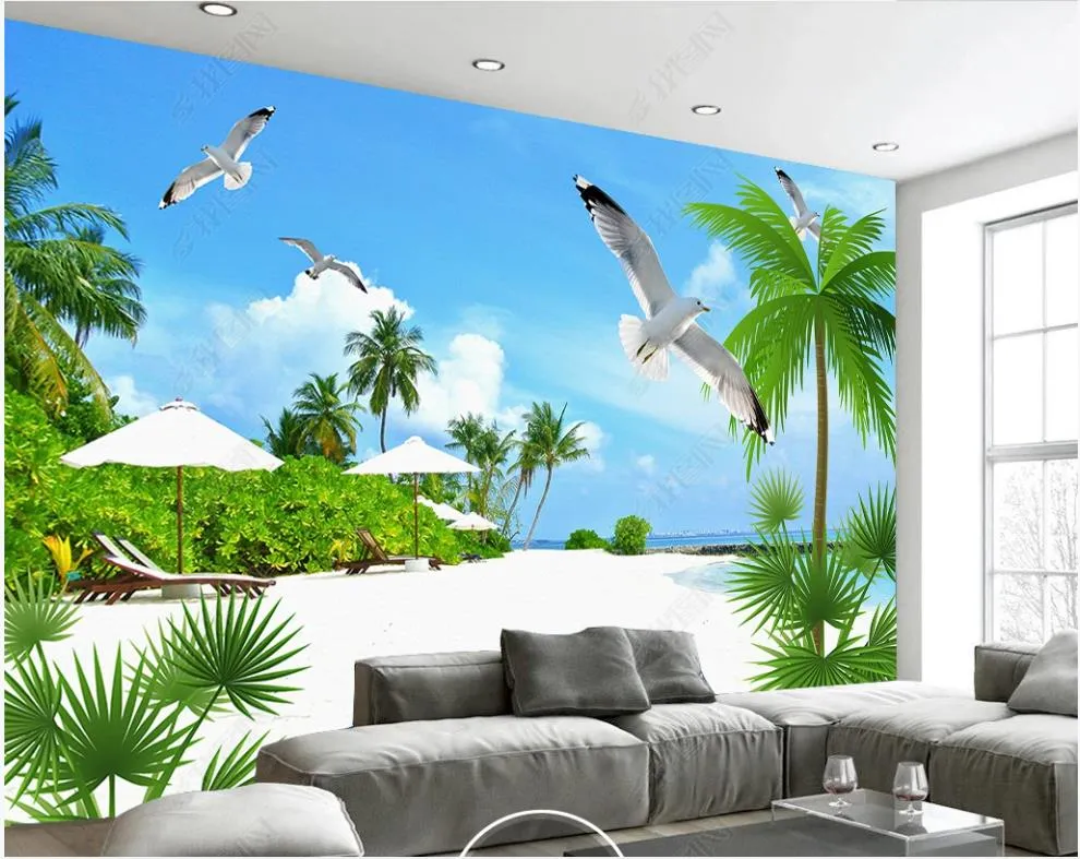 Custom 3D Beach Tree Palm Tree Wallpaper For Modern Living Room, Sofa ...