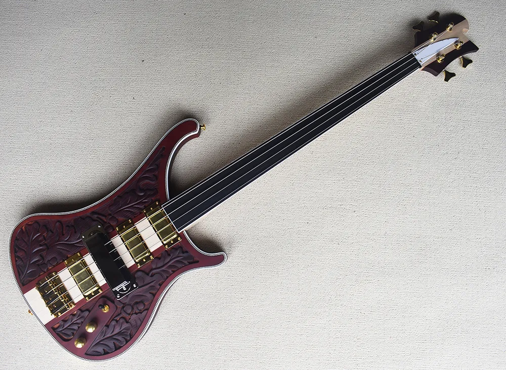 4 strängar fretless nacke-thru-body elektrisk basgitarr med gravyr mönster, 4 pickup