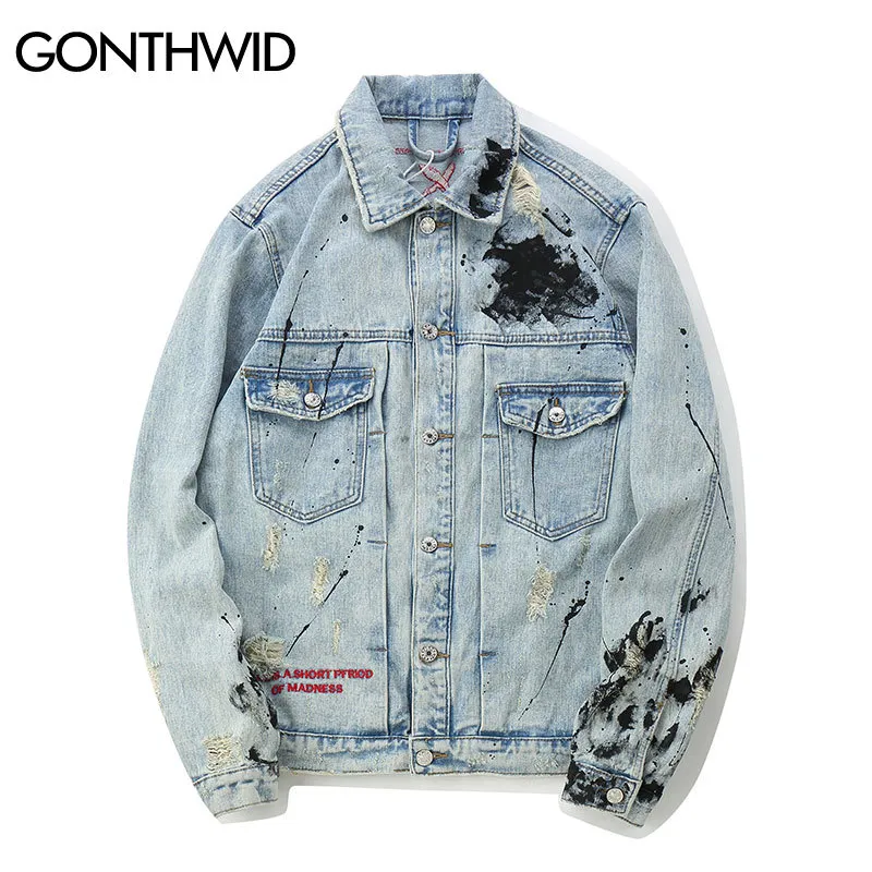 Gonthwid denim jaquetas homens streetwear graffiti 2021 hip hop casual patchwork rasgado angustiado punk rock jeans casacos outwear C0325