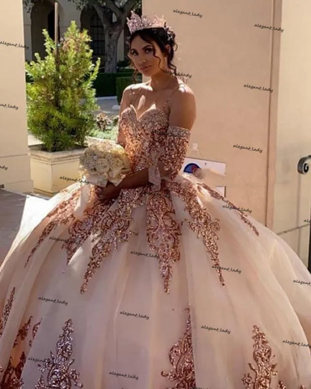 Rose Gold Puffy Saia Quinceanera Vestidos Com Remover Longa Manga Charra Estilo Lace-Up Corset Top Sparkly Lace Lantejoulas Vestidos de 15 años