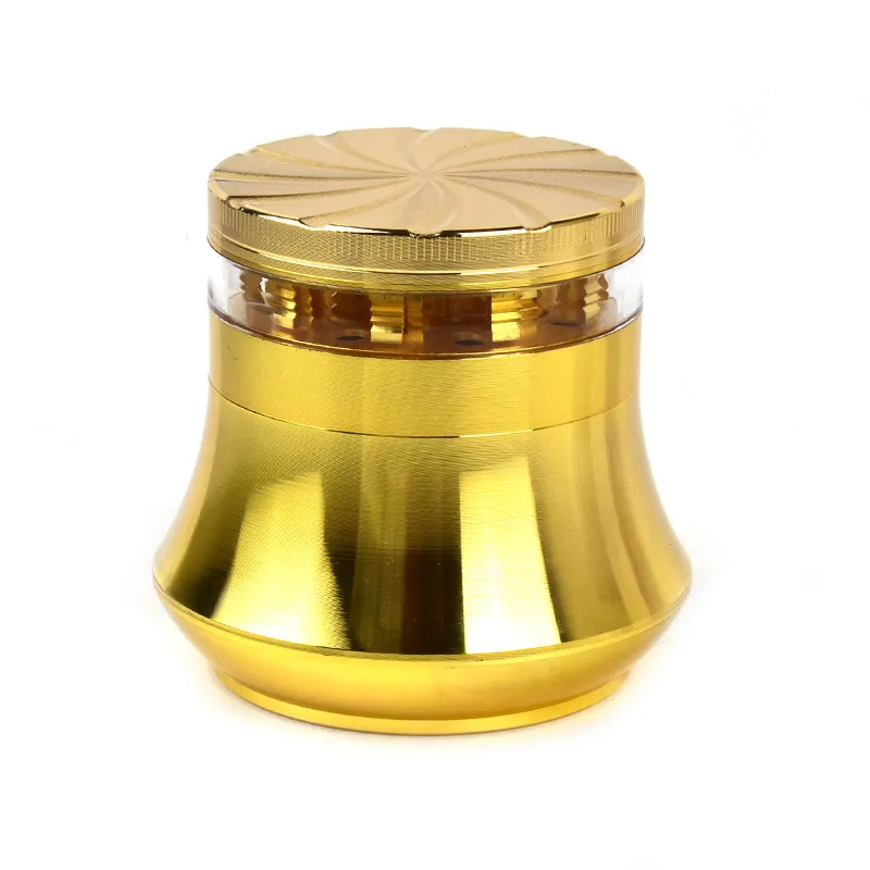 63mm /2.48 "Golden Metal Herb Grinder Rökning Guld Kryddor Tobaksslipare Trumma Form 4-delad aluminiumlegering Hand Muller Transparent fönsterdesign