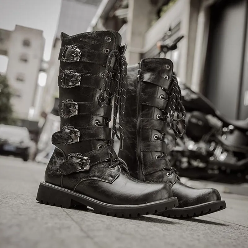 Combat Boots Mens Lace Up Westerm Boots Buckles Motorcycle Boot