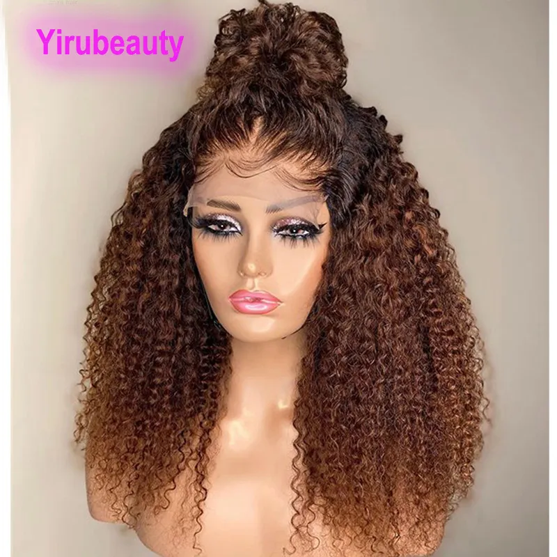 Malaysiskt mänskligt hår 4x4 spets peruk 1b/30 ombre två toner färg peruker kinky curly yirubeauty 150% densitet 180% 210%
