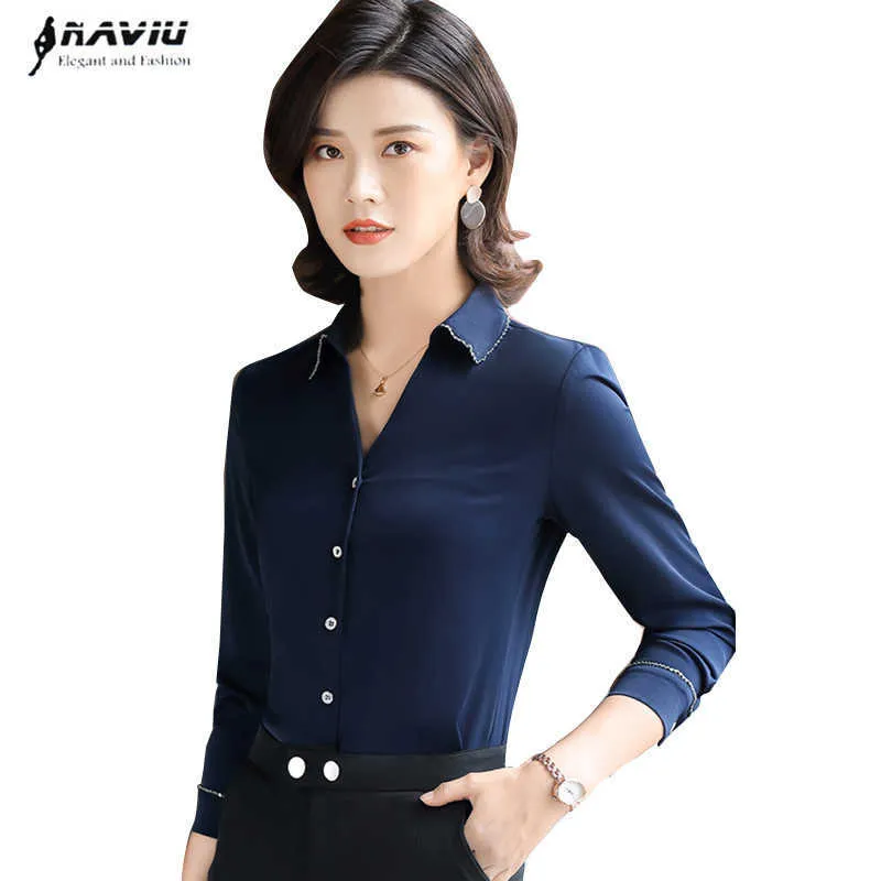 Военно-морской синий шифон профессиональная рубашка женщины весенние мода v шеи бизнес длинные рукава блузки офисные дамы рабочие вершины 210604