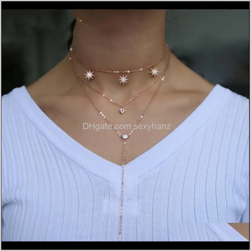 sparking cubic zirconia cz star charm choker long chain lariat three layer women design high quality layer fashion necklace