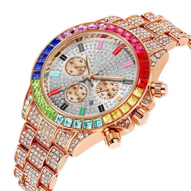 PINTIME Colourful Crystal Diamond Quartz Date Mens Watch Decorative Three Subdials Shining Watches Factory Direct Luxury Rose Gold Wristwatches