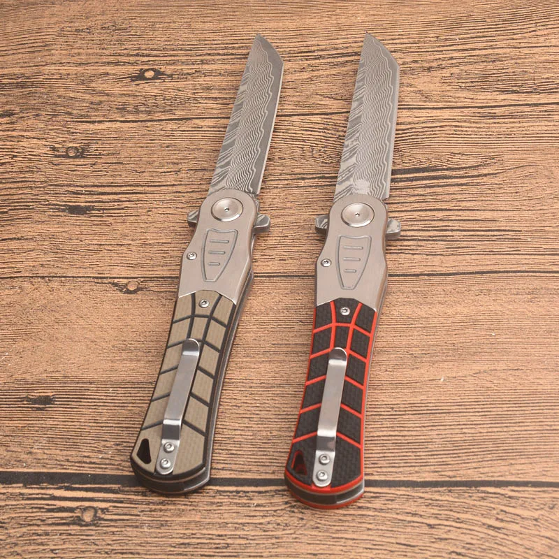 Couteau de pliage Flipper Expédié rapide VG10 Damascus Steel Tanto Point Point Blade G10 + Acier inoxydable Poignée à billes Couteaux de poche à billes