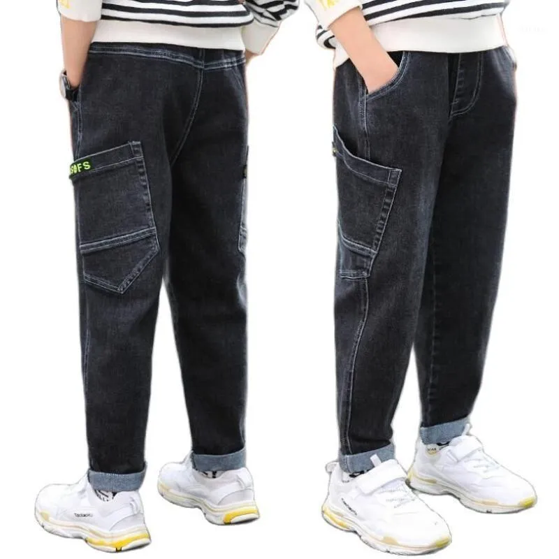 Jeans Spring-Fall Boys 4-16 Barn Lossa Denim Trousers Svart kvalitet Teeange Kläder Barn Outfit Höst Pantaloner