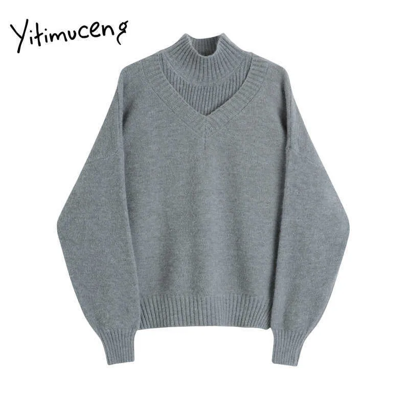 Suéter de cuello alto Yitimuceng, Top de punto de manga larga para mujer, ropa de invierno, jerséis de oficina para mujer, gris sólido, negro, blanco, 210601