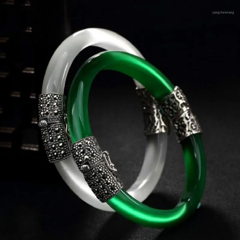 Real 925 Sterling Silver Bangles Women Natural Green Opal Bangle Evening Statement Fine Jewelry Marcasite Retro Bijoux