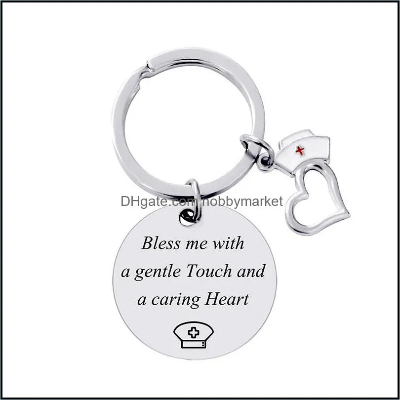 Stainless Steel Lettering Nurse Cap Heart Round Key Rings Nursing is a work of hearts Silver Car Keychains Jewelry Christmas Friend