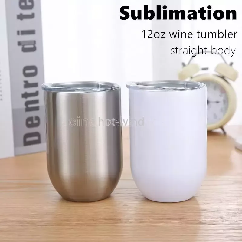 12oz Sublimation Wine Tumbler Straight Glasses Blank Champagne Mug 2-layers Vacuum Insulated Coffee Mugs with Lid By Express EE