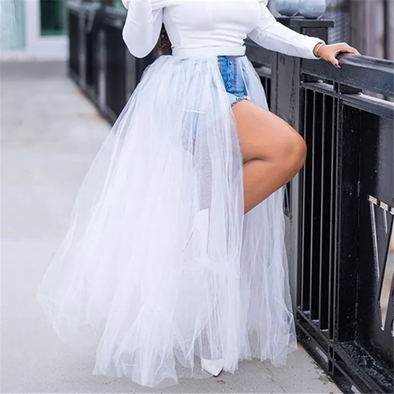 White Overskirt Tulle Skirt Mesh Elastic Waist Women Summer Black Maxi Tutu Jupes All Match Detachable Saia Plus Size 2021 New 210309