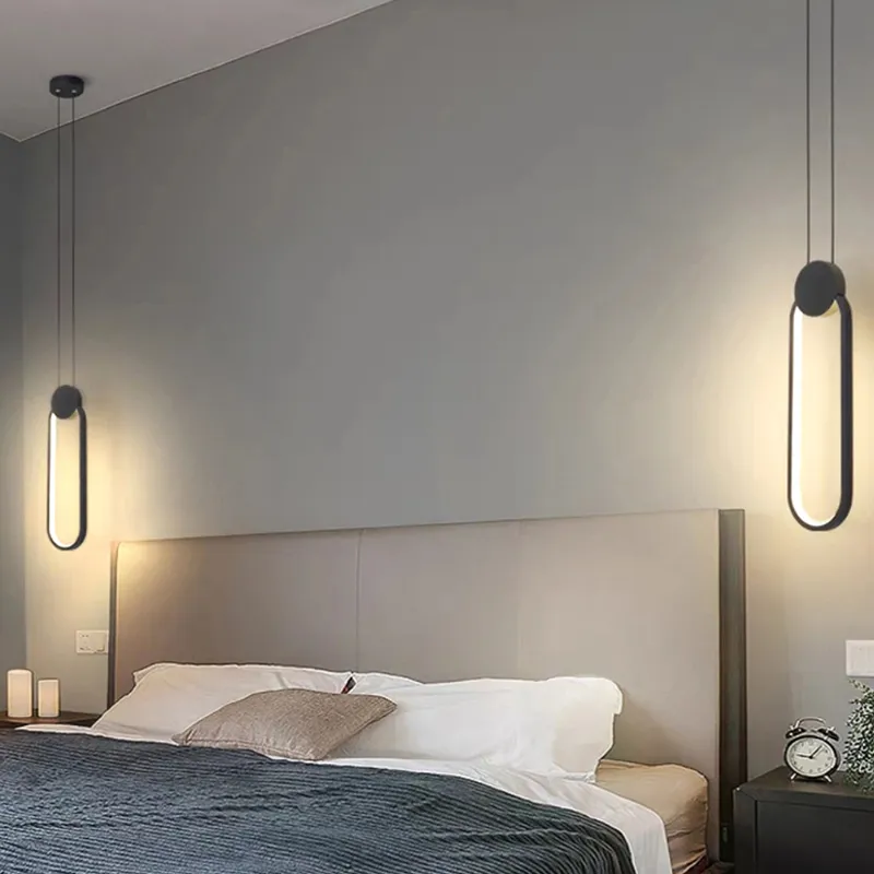 Lampada a sospensione minimalista ad anello nero con lampada a sospensione a soffitto a LED dimmerabile a filo lungo per la lampada da comodino della camera da letto del ristorante