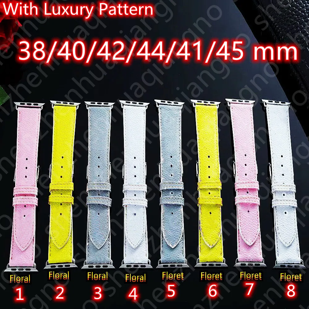 Luxe horlogebanden slimme riemen voor Apple Watch Band 7 6 5 4 3 -serie IWatch 41mm 45 mm 44 mm 38 mm riemontwerper Lederen polsband mode kleur bloem mannen dames armband