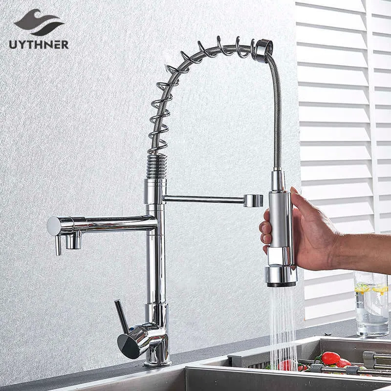 Chrome Spring Kocha Kromka Wyciągnij opryskiwacz boczny Dual Wylewka Pojedyncza Uchwyt Mikser Tap Sink Faucet 360 Rotacja Kitchen Caucets 210724