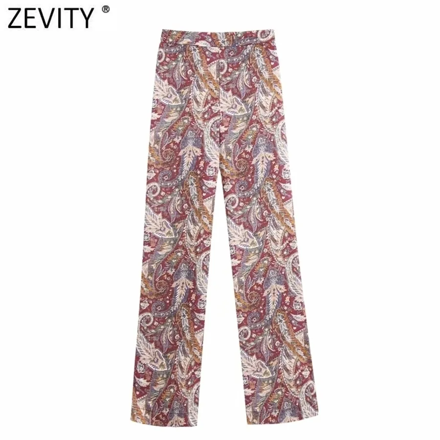 Zevity femmes vintage paisley fleur imprimé pantalon droit femme taille élastique pantalon dames rétro décontracté poche pantalon chic P891 201113