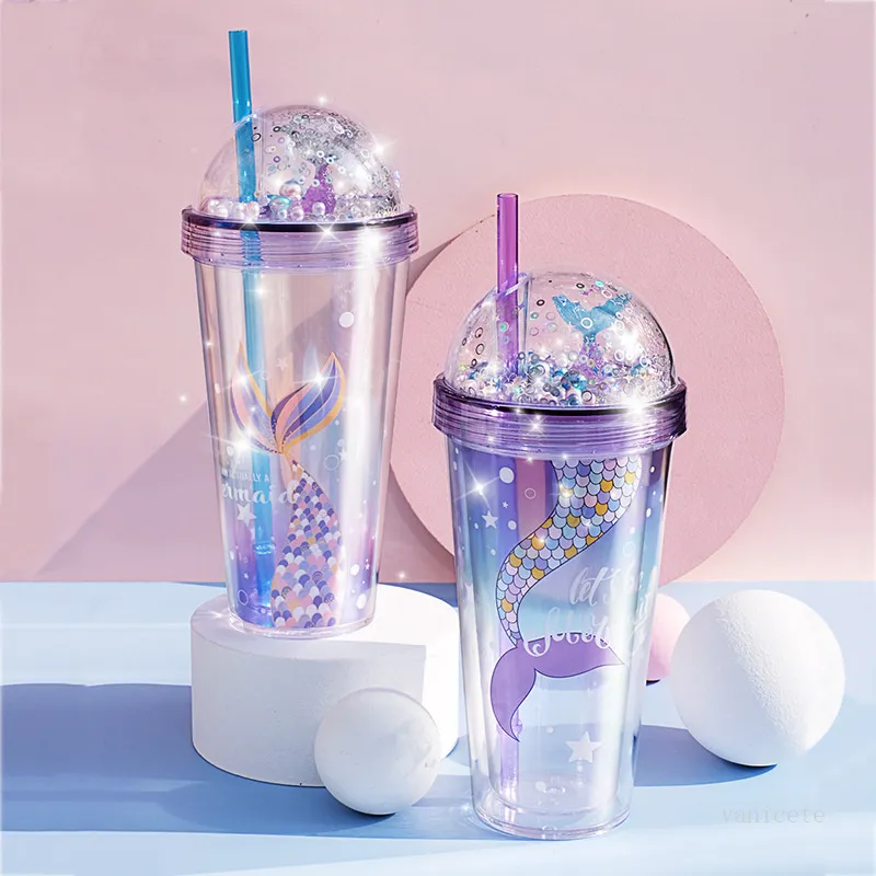 Creative lovely Mermaid Magic color Tumblers Double plastic pipette Cups series water Mug Reusable Tumbler Mugs sea sending T9I001192