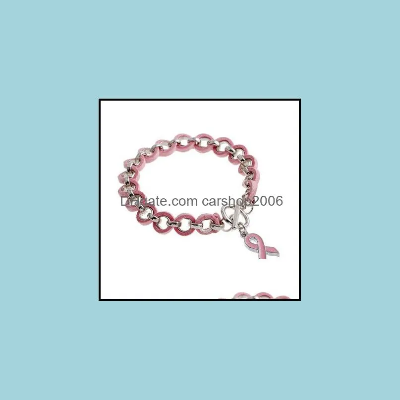 Pink Ribbon Charm Bracelet Breast Cancer Awareness Wake Bracelets Love Ribbon Woven Leather Bracelet for Women Jewelry Accessories