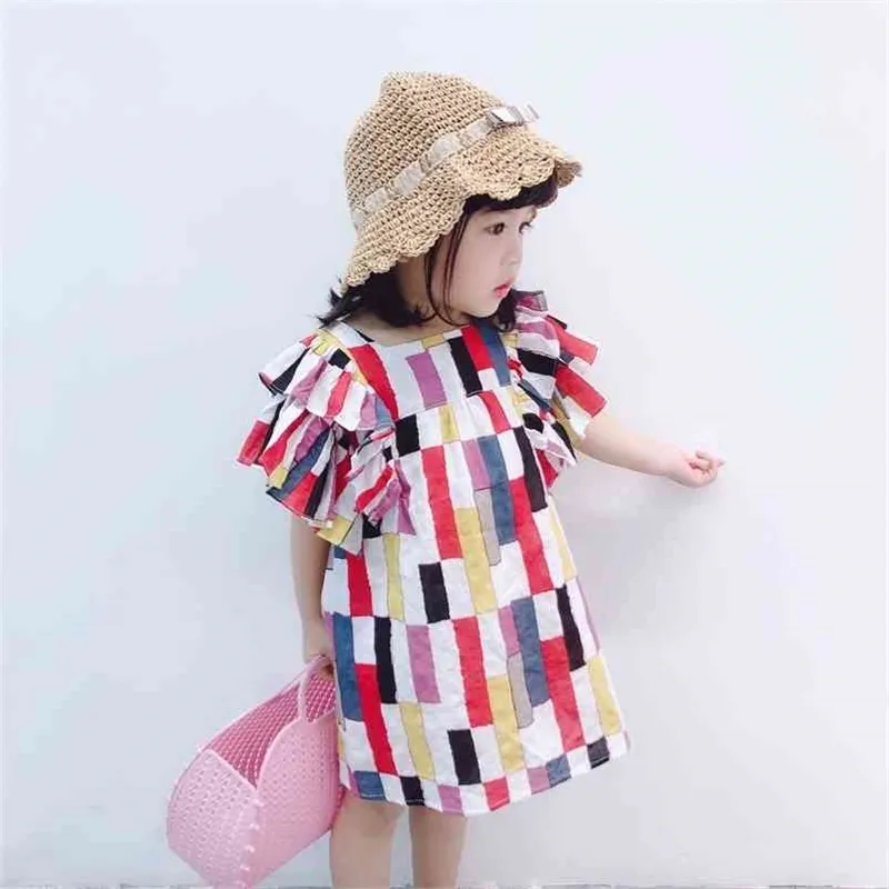 Yaz kızın elbise renkli blok uçan kollu Kore Amerikan tarzı giysi moda bebek kız giyim 210625