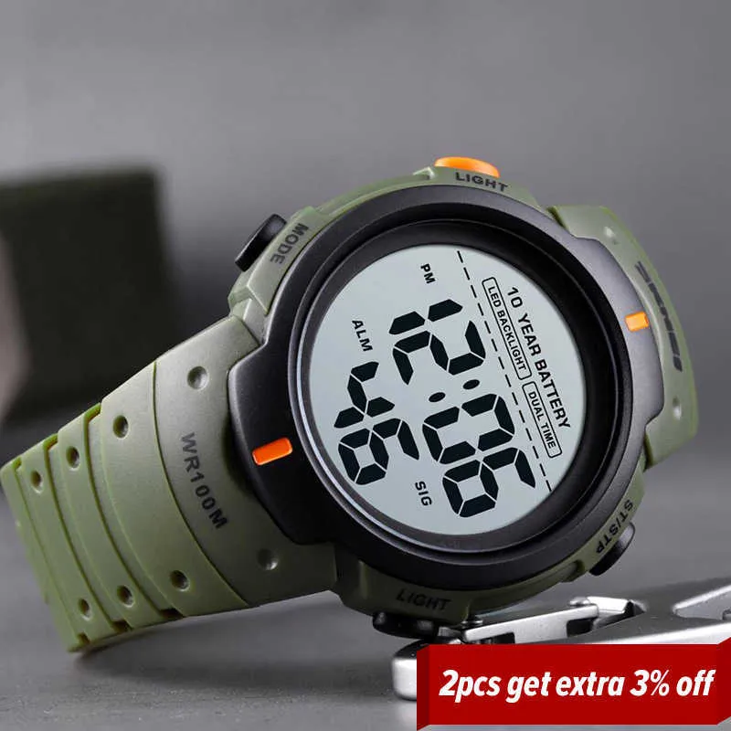 Skmei Sport Fitness Zegarki Męskie Digital 100M Wodoodporna Wrist Watch Mężczyźni 2 Czas 10 lat Budzik Budzik Reloj Hombre 1560 q0524