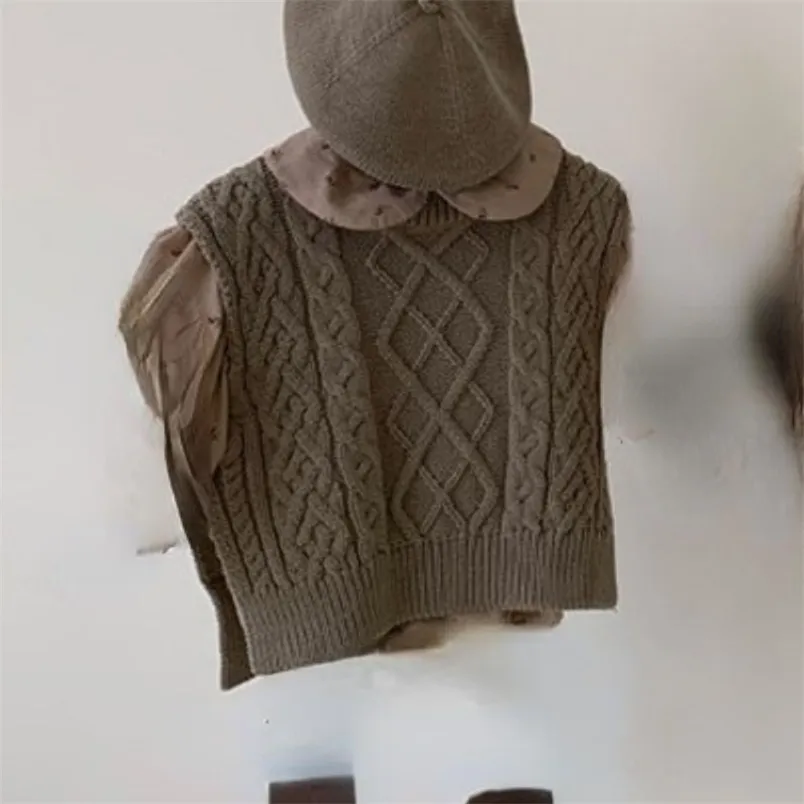 Dzieci zimowe ubrania dla dzieci chłopcy i dziewczyny O-neck bez rękawów dzianiny wełniany kamizelka sweter sweter koreański styl czarny khaki 211201