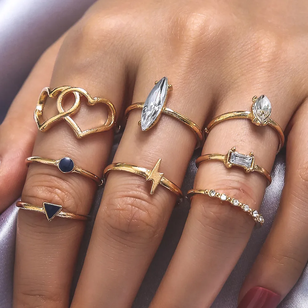 S2369 Bohemian Fashion Jewelry Knuckle Ring Set Hollow Out Geometric Hearts Inlaid Diamond Rhinstone Stacking Rings 8pcs/Set