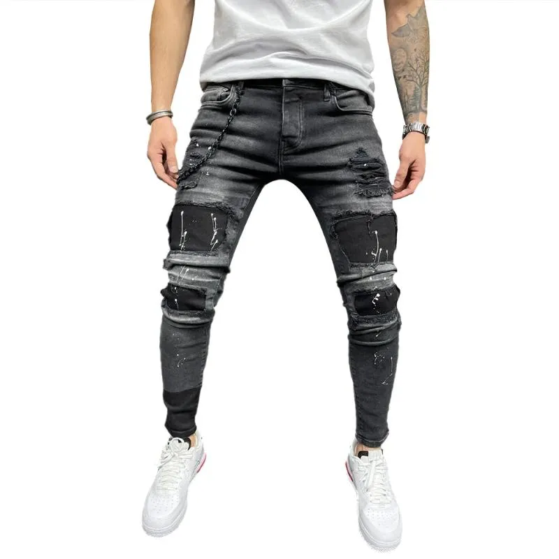 Mannen jeans multi pocket mannelijke hoge taille denim broek skinny broek streetwear mannen mode jeans patchwork jeans # w