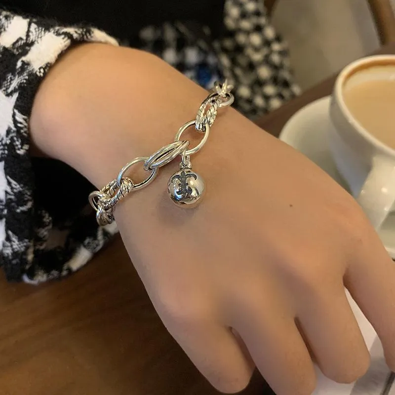 Charm Bilezik 925 STERLING Gümüş Retro Çan Bilezik Antika Stil Eski Mizaç Kalın Zincir Yapma Friendship225Q