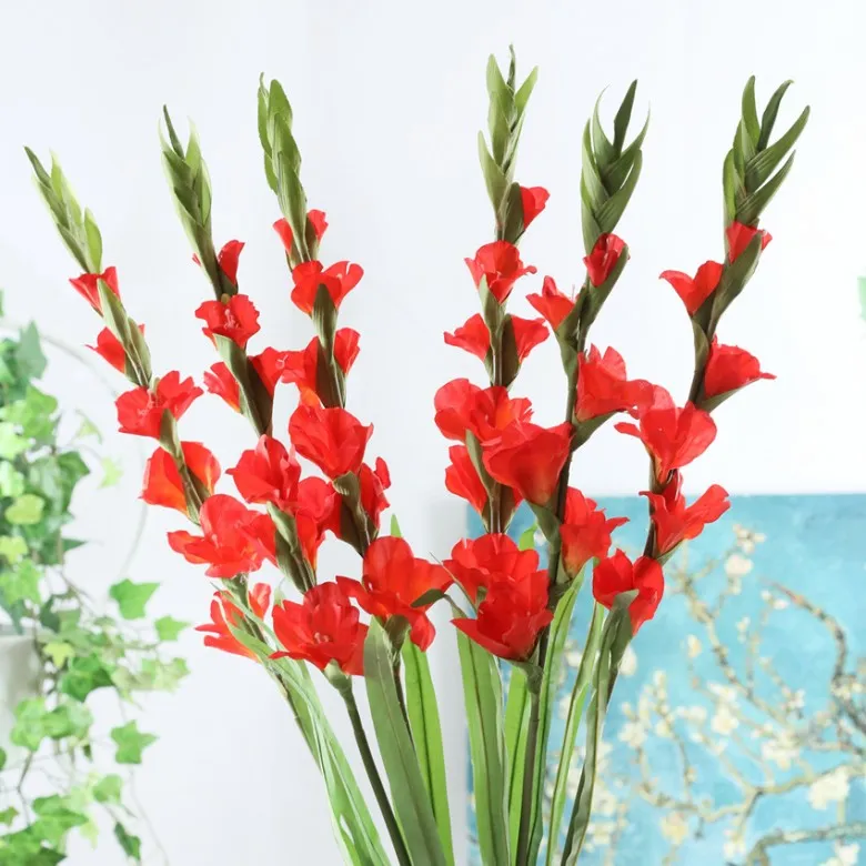 Nuova lunga simulazione di fiori di gladiolo matrimonio fiore arte finestra vaso casa composizione floreale terra 6 gladioli